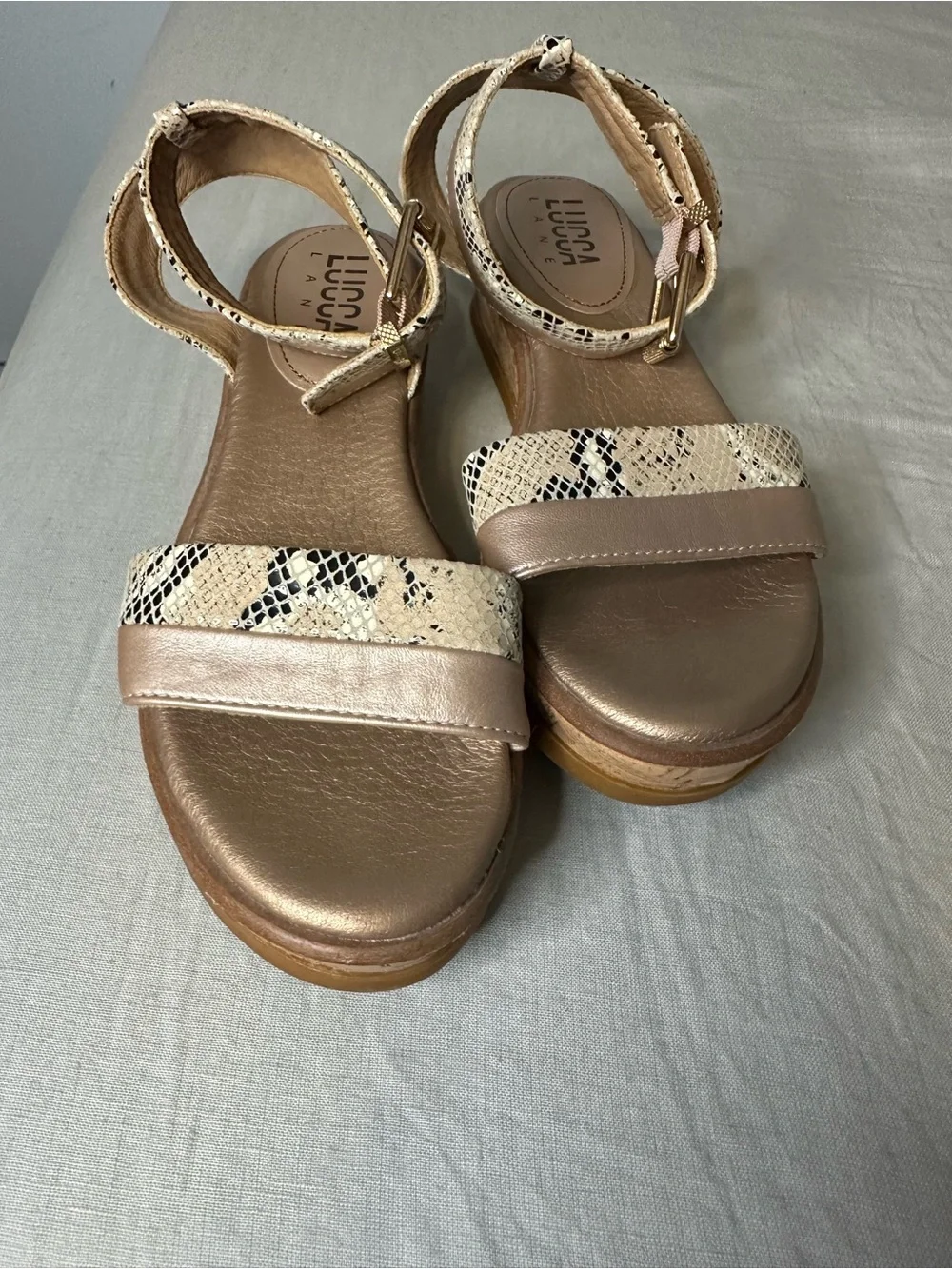 Lucca Lane Karel Cork Wedge Sandals, Metallic  Taupe & Snake Print Size 7 1/2